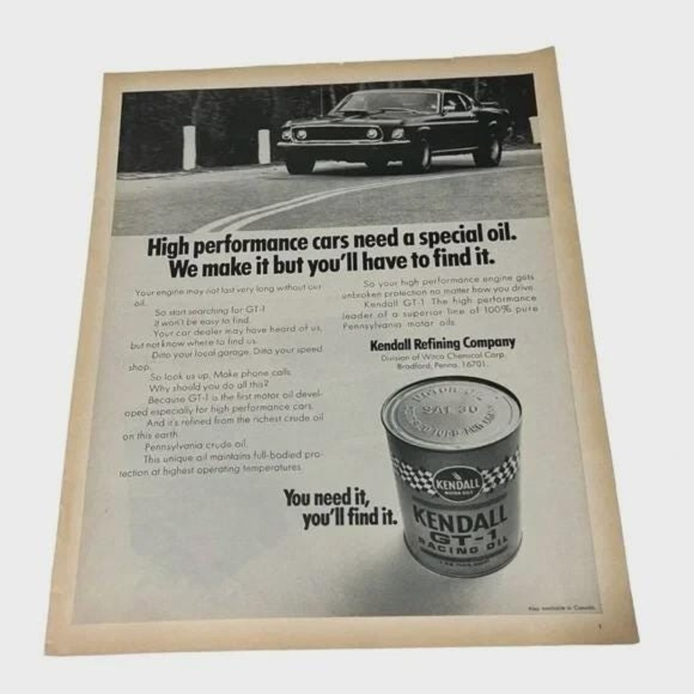 1970 Kendall GT-1 Racing Oil Mustang Original Vintage Print Ad